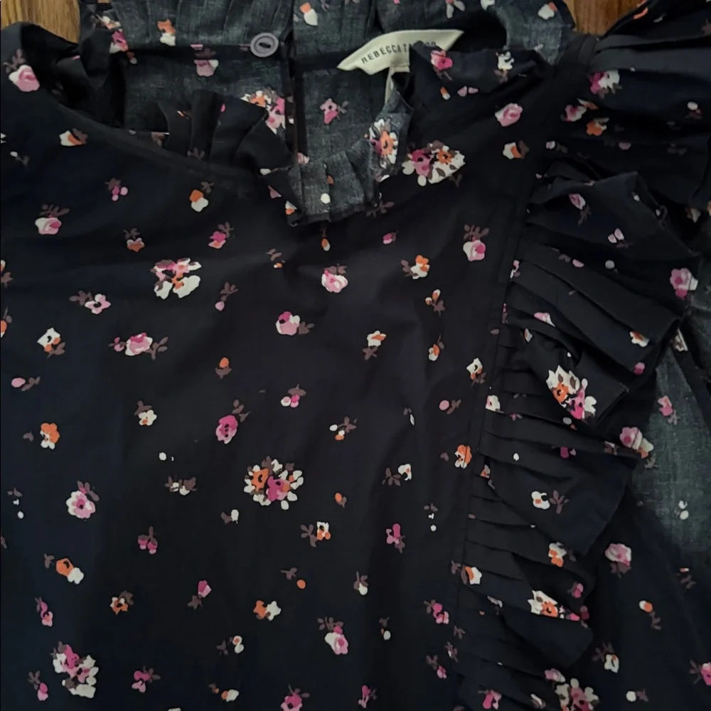Rebecca Taylor MIS La Vie Meadow Floral Ruffle Navy Sleeveless Blouse Sz 12 - Picture 3 of 4